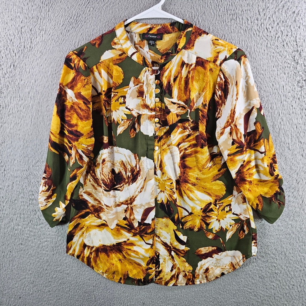 Cocomo Womens Small Floral Blouse Olive Green Yellow 3/4 Tab Sleeve Button Front